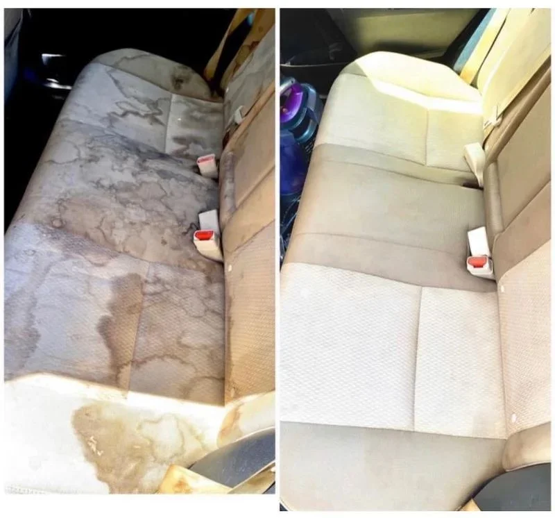 Stained vehicle seats before and refreshed seats after cleaning